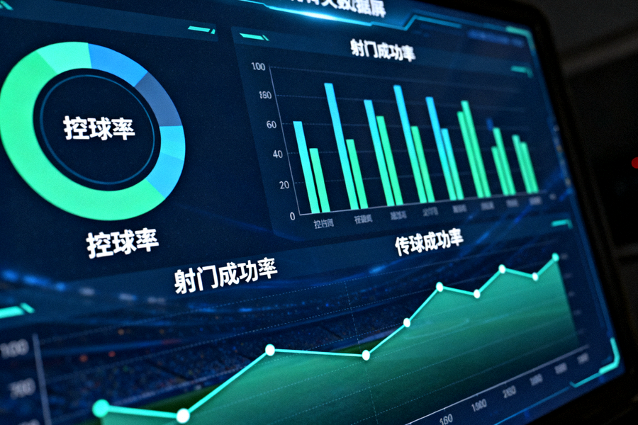 体育数据分析大屏上展示的控球率、射门与传球成功率统计图表